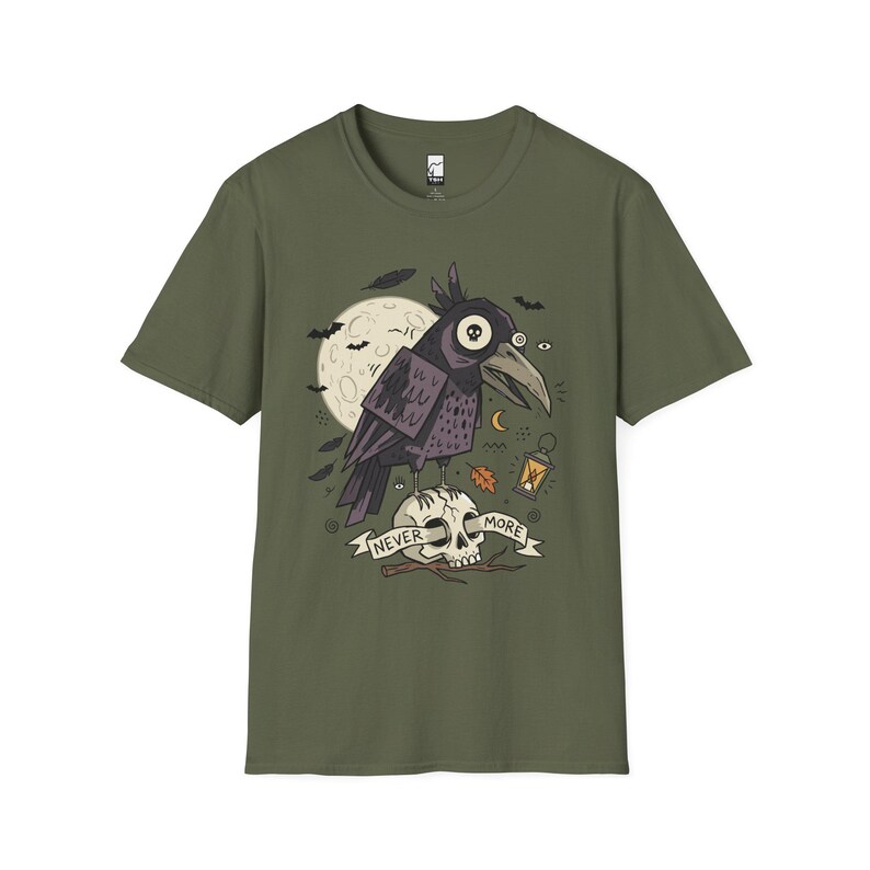 Halloween Raven Skull Shirt | Gothic Crow Graphic Tee | Full Moon T Shirt | Dark Academia Tattoo Flash Top | Spooky Season Fall Gift Tee Military Green