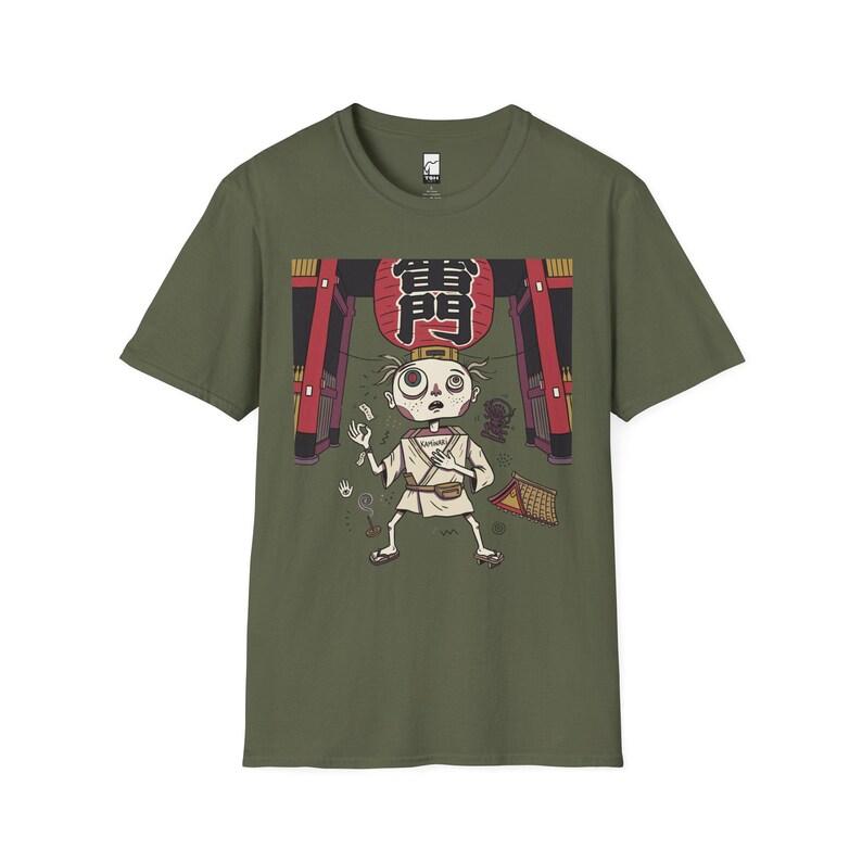 Tokyo Graphic Tee | Quirky Japanese Lantern Character Unisex Shirt Military Green