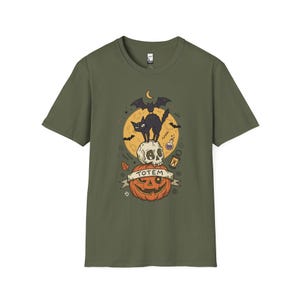 Halloween Black Cat Shirt | Skull Pumpkin Graphic Tee | Gothic Tattoo Flash T Shirt | Spooky Season Cat Lover Gift | Dark Academia Fall Top Military Green