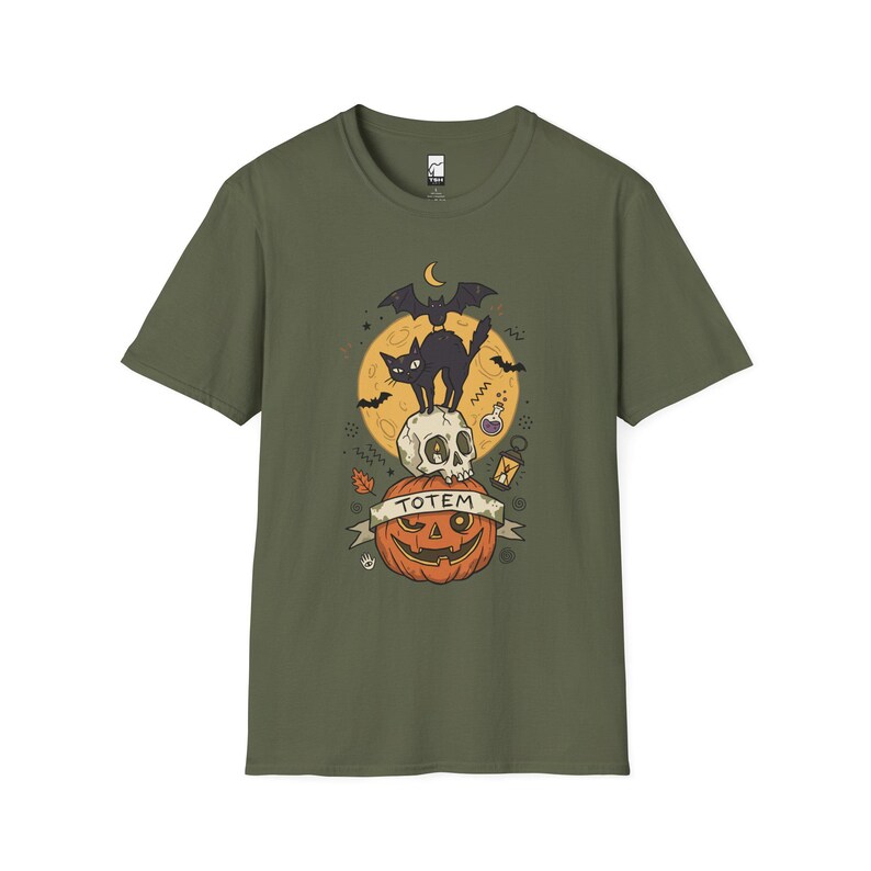 Halloween Black Cat Shirt | Skull Pumpkin Graphic Tee | Gothic Tattoo Flash T Shirt | Spooky Season Cat Lover Gift | Dark Academia Fall Top Military Green