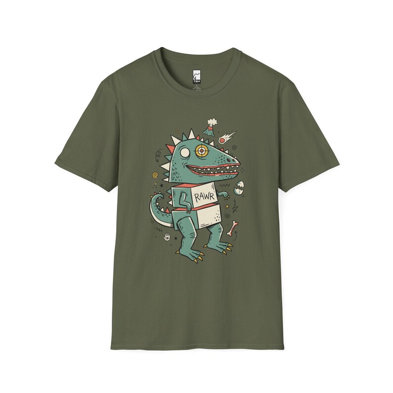 Funny RAWR T-Rex Shirt | Retro Dinosaur Graphic Tee, Kids Unisex Apparel Military Green