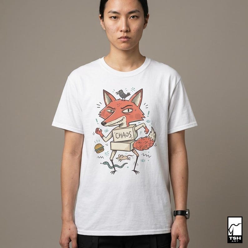 May include: White t-shirt with a cartoon fox design. The fox is orange and white, with a black bird on its head. The fox is holding a box labelled "CHAOS". A burger, snake, and mouse are also in the design. The shirt is a crew neck.