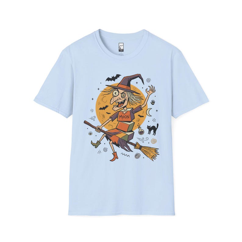 Unisex Witch T-Shirt | Retro Halloween Print | Flying Broomstick Graphic Tee | Vintage Witch T-Shirt Light Blue