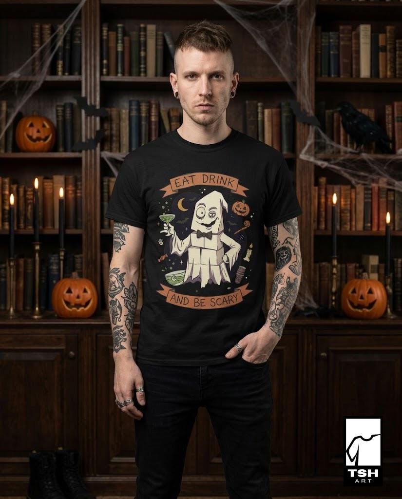 Eat Drink Ghost T-Shirt | Halloween Ghost Cocktail Tee
