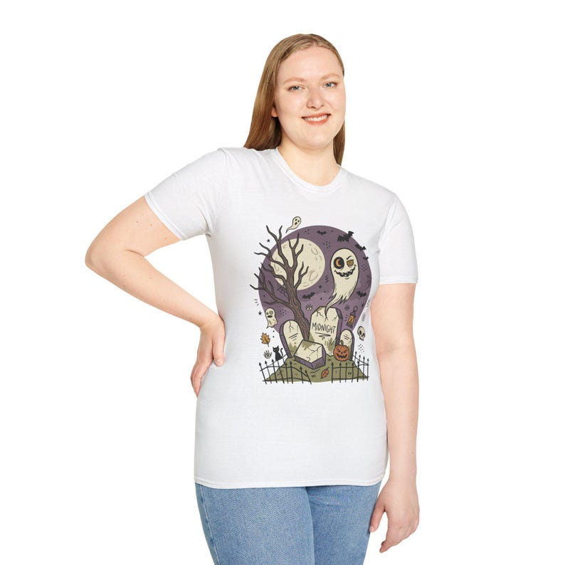 Unisex Graveyard T-Shirt | Spooky Halloween Print | Ghost and Full Moon Graphic Tee | Retro Graveyard T-Shirt image 18