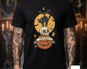 Halloween Black Cat Shirt | Skull Pumpkin Graphic Tee | Gothic Tattoo Flash T Shirt | Spooky Season Cat Lover Gift | Dark Academia Fall Top