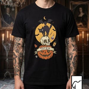 Halloween Black Cat Shirt | Skull Pumpkin Graphic Tee | Gothic Tattoo Flash T Shirt | Spooky Season Cat Lover Gift | Dark Academia Fall Top