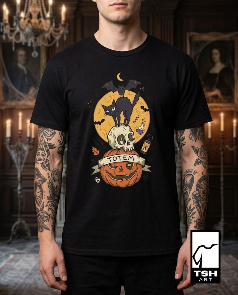 Halloween Black Cat Shirt | Skull Pumpkin Graphic Tee | Gothic Tattoo Flash T Shirt | Spooky Season Cat Lover Gift | Dark Academia Fall Top