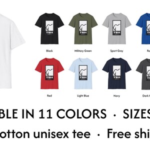 May include: A collection of eleven short-sleeved t-shirts in various colors, including white, black, red, and navy. Each shirt features a black rectangular graphic with a stylized design and the text "TSH ART". The shirts are available in sizes S-3XL.