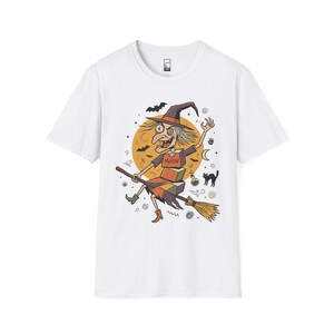 Unisex Witch T-Shirt | Retro Halloween Print | Flying Broomstick Graphic Tee | Vintage Witch T-Shirt White