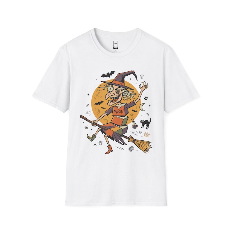 Unisex Witch T-Shirt | Retro Halloween Print | Flying Broomstick Graphic Tee | Vintage Witch T-Shirt White