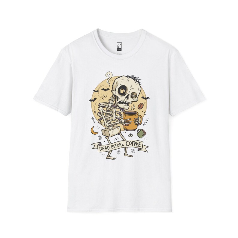 „Dead Before Coffee“-Shirt | Skelett-Kaffee-T-Shirt | Lustiges Kaffeeliebhaber-Shirt | Koffein-Totenkopf-Grafik-T-Shirt | Retro-Kaffee-T-Shirt | Unisex-Geschenk White