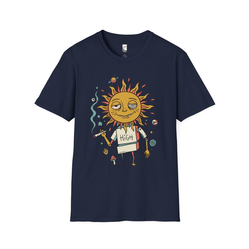 Maglietta High Sun / Maglietta grafica psichedelica celeste da stoner, vibrazioni cosmiche rilassanti in stile retrò anni '70. Navy