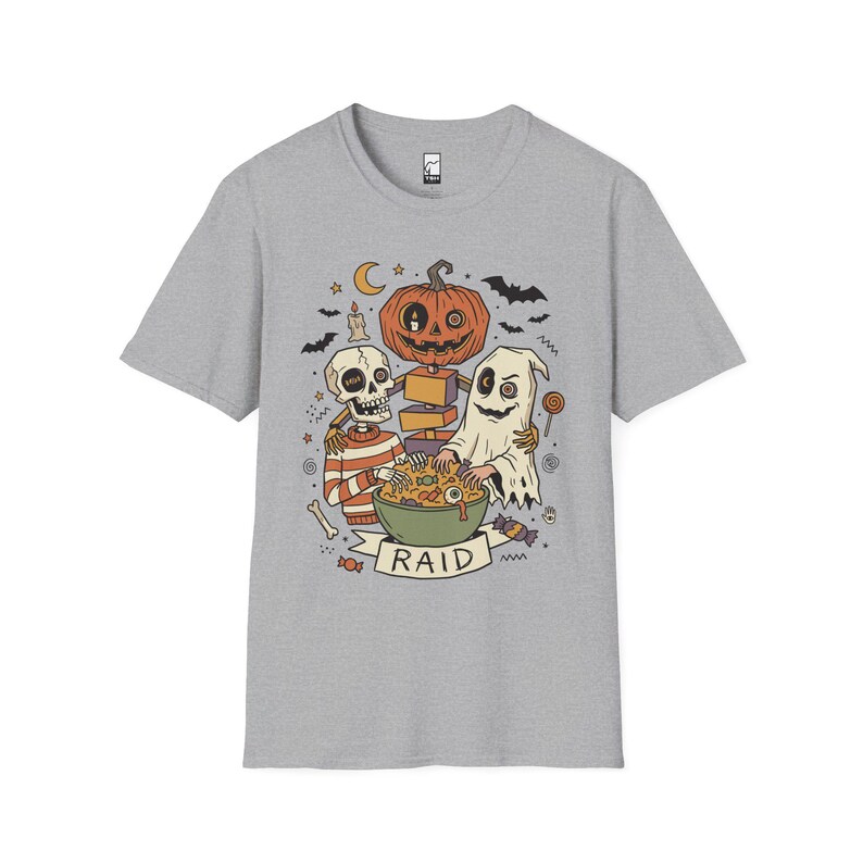 Vintage Halloween Shirt | Skeleton Ghost T Shirt | Spooky Candy Bowl Tee | Pumpkin Trick Or Treat Tee | Retro Spooky Tee | Unisex Gift Sport Grey