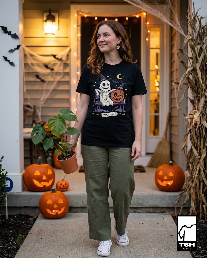 Cute Ghost Pumpkin Shirt | Witch Hat Halloween T Shirt | Spooky Season Graphic Tee | Best Friends Fall Tee | Retro Spooky Tee | Unisex Gift