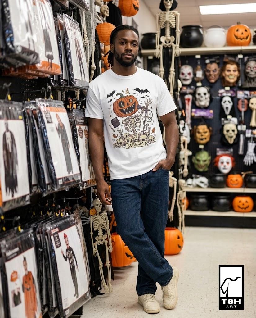 Scream Skeleton Halloween Shirt | Pumpkin Rocker T Shirt | Metal Horror Tee | Retro Fall Concert Top | Gothic Rock Clothes | Unisex Gift