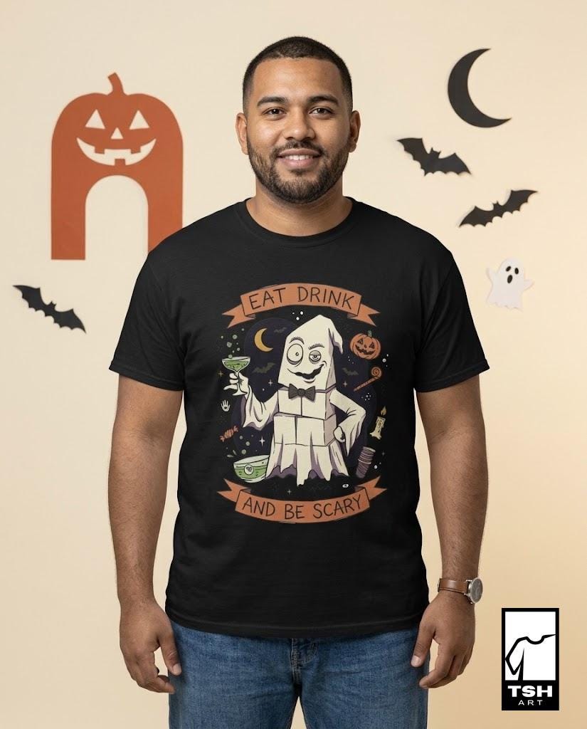 Eat Drink Ghost T-Shirt | Halloween Ghost Cocktail Tee