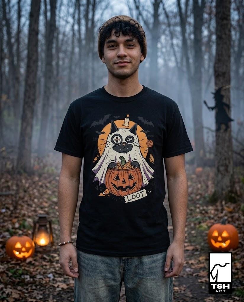 Ghost Cat Halloween Shirt | Spooky Kitten T Shirt | Cute Loot Graphic Tee | Retro Pumpkin Fall Top | Funny Cat Lover Clothes | Unisex Gift