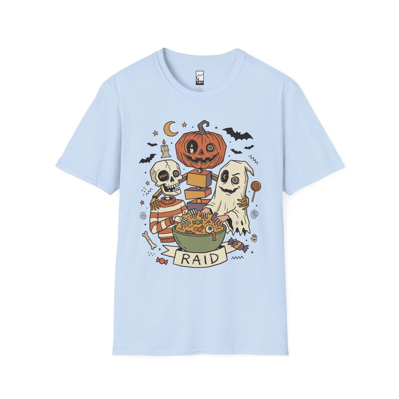 Vintage Halloween Shirt | Skeleton Ghost T Shirt | Spooky Candy Bowl Tee | Pumpkin Trick Or Treat Tee | Retro Spooky Tee | Unisex Gift Light Blue