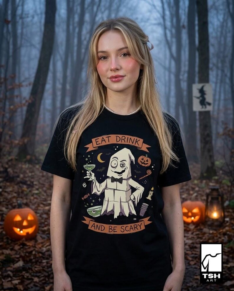 Eat Drink Ghost T-Shirt | Halloween Ghost Cocktail Tee
