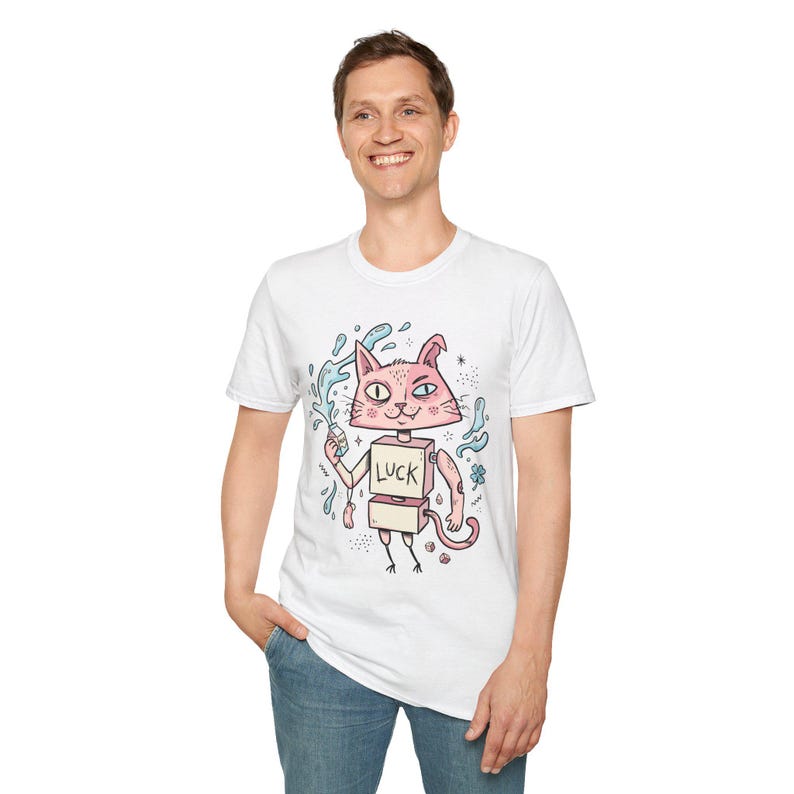 Maglietta con gatto robot surreale / Maglietta grafica con gatto rosa portafortuna, maglietta indie lowbrow art immagine 15