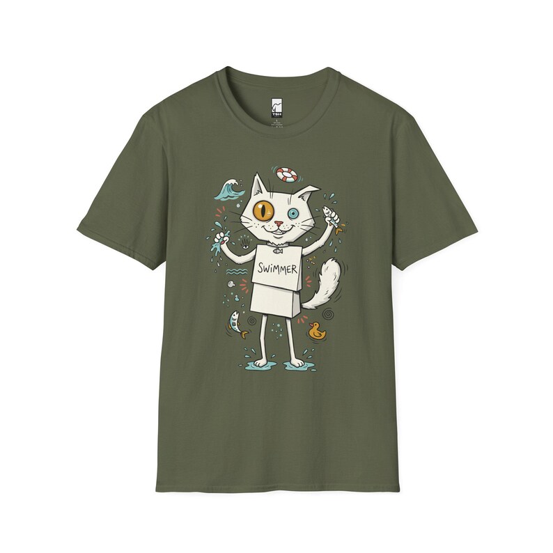 Turkish Van Cat Swimming Graphic Tee | Funny Water Loving Unisex Shirt Military Green