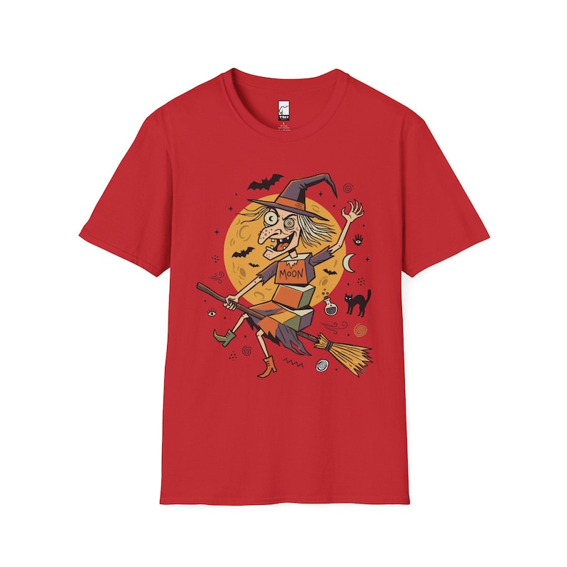 Unisex Witch T-Shirt | Retro Halloween Print | Flying Broomstick Graphic Tee | Vintage Witch T-Shirt Red