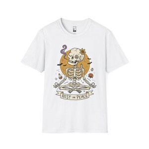 Skeleton Halloween Shirt | Rest In Peace Skull Tee | Full Moon Bat Graphic Tee | Yoga Meditation T Shirt | Vintage Spooky Tee | Unisex Gift White