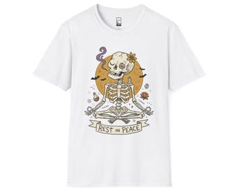 Skeleton Halloween Shirt | Rest In Peace Skull Tee | Full Moon Bat Graphic Tee | Yoga Meditation T Shirt | Vintage Spooky Tee | Unisex Gift