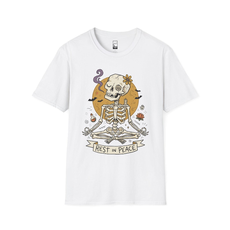 Skeleton Halloween Shirt | Rest In Peace Skull Tee | Full Moon Bat Graphic Tee | Yoga Meditation T Shirt | Vintage Spooky Tee | Unisex Gift White