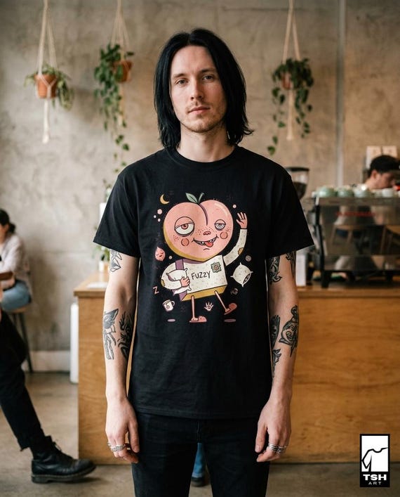 Fuzzy Peach T-Shirt | Lazy Morning Graphic Tee, Sleepy Coffee Lover Unisex Shirt
