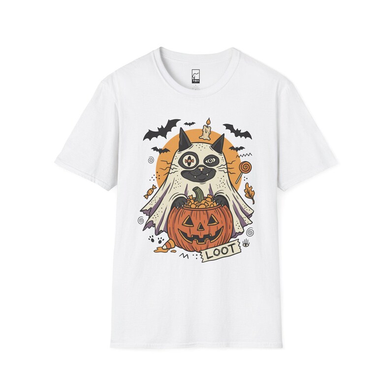 Ghost Cat Halloween Shirt | Spooky Kitten T Shirt | Cute Loot Graphic Tee | Retro Pumpkin Fall Top | Funny Cat Lover Clothes | Unisex Gift White