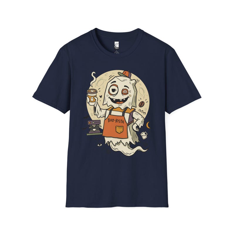 Halloween Ghost Coffee Shirt | Funny Barista Graphic Tee | Boo Rista T Shirt | Spooky Season Coffee Tee | Vintage Spooky Tee | Unisex Gift Navy