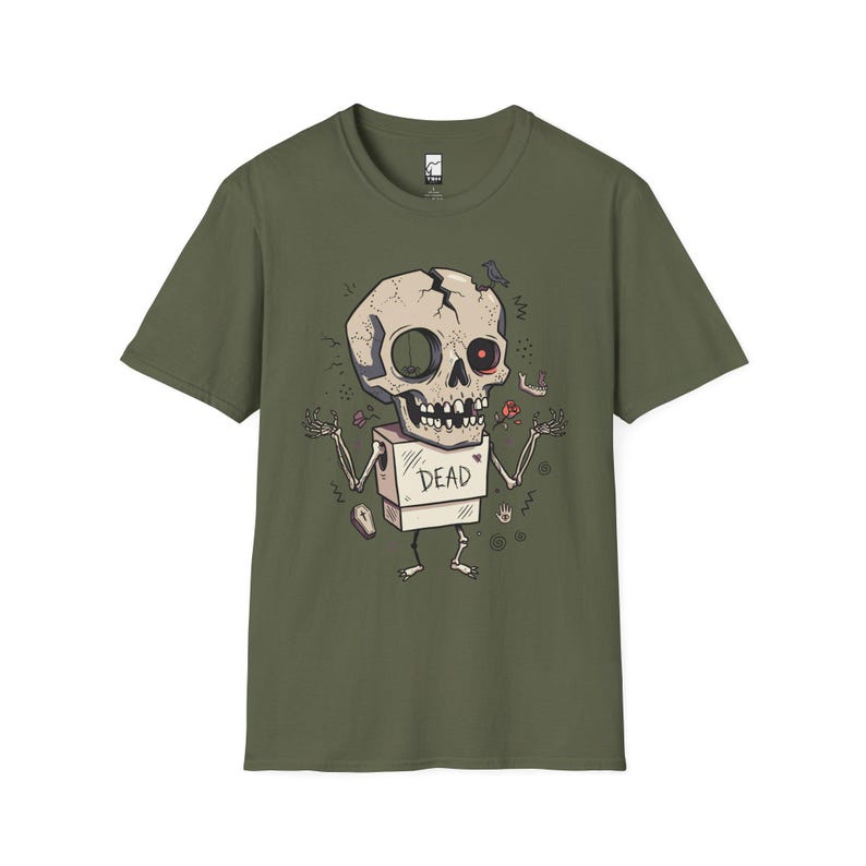 Dode schedel T-shirt | Grappig Halloween-grafisch T-shirt, griezelig schattig goth-uniseks shirt, griezelig horrorliefhebber cadeau Military Green