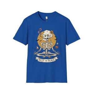 Skeleton Halloween Shirt | Rest In Peace Skull Tee | Full Moon Bat Graphic Tee | Yoga Meditation T Shirt | Vintage Spooky Tee | Unisex Gift Royal