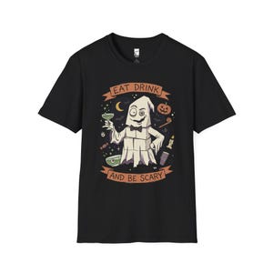 Eat Drink Ghost T-Shirt | Halloween Ghost Cocktail Tee Black