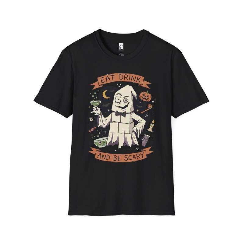 Eat Drink Ghost T-Shirt | Halloween Ghost Cocktail Tee Black