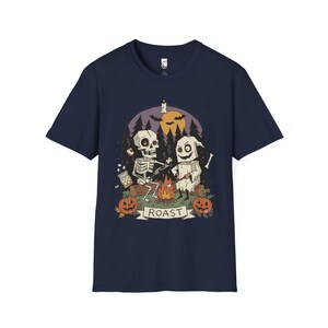 Skeleton Roast Halloween Shirt | Ghost Campfire Tee | Funny Marshmallow T Shirt | Spooky Smores Graphic Tee | Retro Fall Tee | Unisex Gift Navy