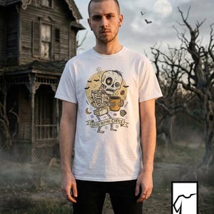 Dead Before Coffee Shirt | Skeleton Coffee T Shirt | Funny Coffee Lover Tee | Caffeine Skull Graphic Tee | Retro Coffee Tee | Unisex Gift