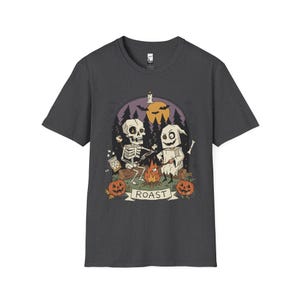 Skeleton Roast Halloween Shirt | Ghost Campfire Tee | Funny Marshmallow T Shirt | Spooky Smores Graphic Tee | Retro Fall Tee | Unisex Gift Dark Heather