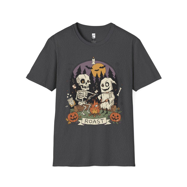 Skeleton Roast Halloween Shirt | Ghost Campfire Tee | Funny Marshmallow T Shirt | Spooky Smores Graphic Tee | Retro Fall Tee | Unisex Gift Dark Heather