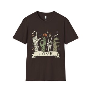 Halloween Love Shirt | Monster Hands T Shirt | Spooky Skeleton Hand Tee | Zombie Mummy Graphic Tee | Cute Creepy Fall Tee | Unisex Gift Dark Chocolate