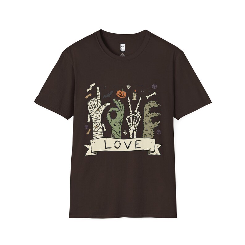 Halloween Love Shirt | Monster Hands T Shirt | Spooky Skeleton Hand Tee | Zombie Mummy Graphic Tee | Cute Creepy Fall Tee | Unisex Gift Dark Chocolate