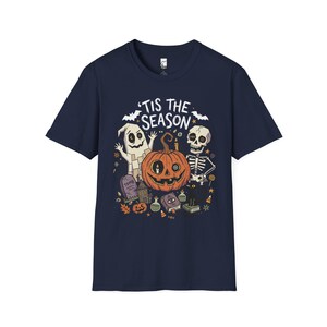 Tis The Season Halloween Shirt | Spooky Ghost T Shirt | Cute Pumpkin Graphic Tee | Retro Horror Fall Top | Gothic Cat Clothes | Unisex Gift Navy