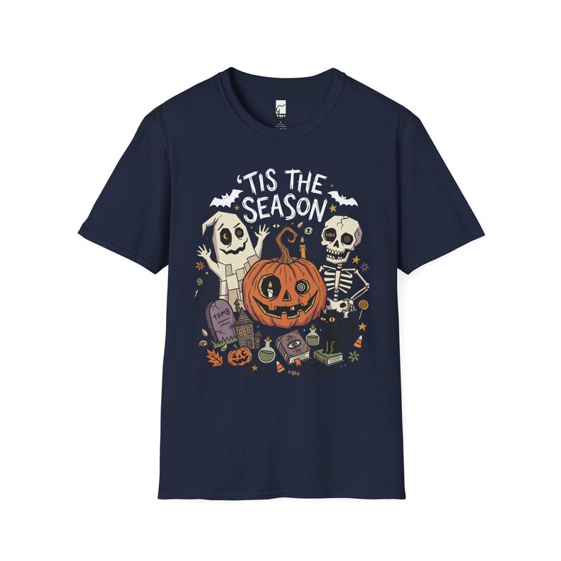 Tis The Season Halloween Shirt | Spooky Ghost T Shirt | Cute Pumpkin Graphic Tee | Retro Horror Fall Top | Gothic Cat Clothes | Unisex Gift Navy