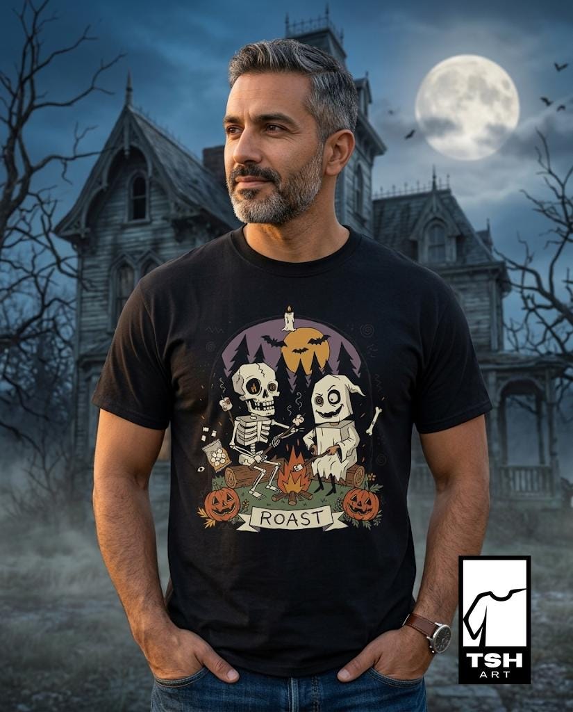 Skeleton Roast Halloween Shirt | Ghost Campfire Tee | Funny Marshmallow T Shirt | Spooky Smores Graphic Tee | Retro Fall Tee | Unisex Gift