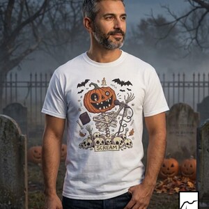 Scream Skeleton Halloween Shirt | Pumpkin Rocker T Shirt | Metal Horror Tee | Retro Fall Concert Top | Gothic Rock Clothes | Unisex Gift