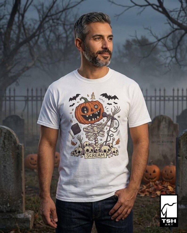 Scream Skeleton Halloween Shirt | Pumpkin Rocker T Shirt | Metal Horror Tee | Retro Fall Concert Top | Gothic Rock Clothes | Unisex Gift