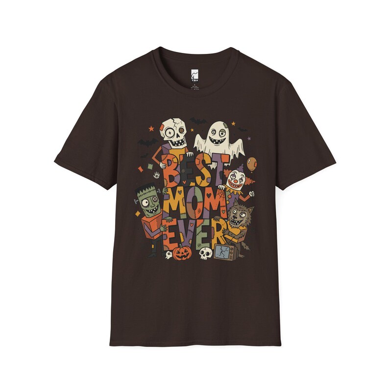 Bästa mamma någonsin Halloween-tröja | Spooky Mama T-shirt | Söt monstergrafik-tröja | Skräckmamma hösttopp | Retro läskiga kläder | Unisex present Dark Chocolate