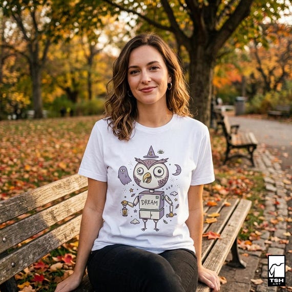 May include: White t-shirt featuring a whimsical owl robot design with a witch hat, holding a lantern, and the word "DREAM" on its chest. The design includes a ghost, moon, and stars. The shirt is worn by a person sitting on a park bench.
